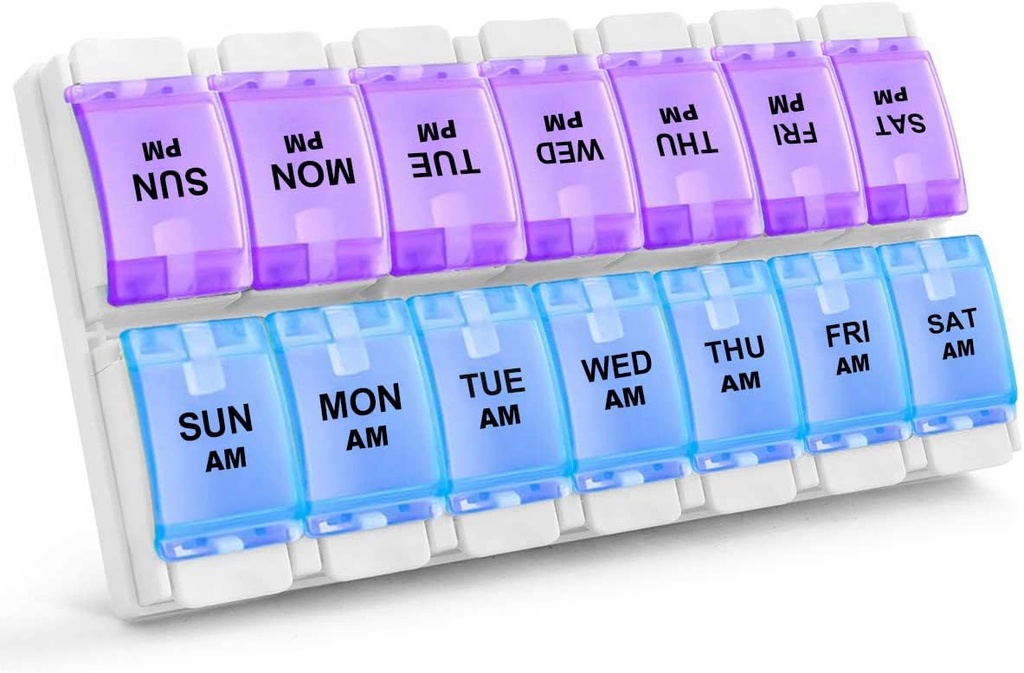 Sukuos AM PM Weekly 7 Day Pill Organizer, 2 Kali Sebuah Kotak Pil Hari dengan Arthritis FriendPush Button, Kases Obat-obatan untuk Vitamin / Minyak Ikan, Mudah dibersihkan (Purple & Blue)