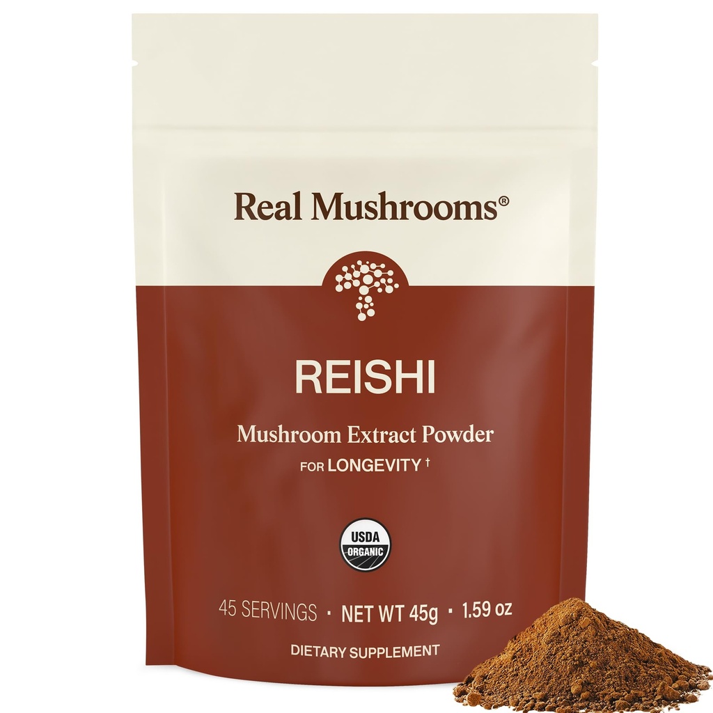 Mushroom Real Reishi Mushroom Powder - Ekstraksi Jamur Organik terpilih tangan - Red Reishi untuk Tranquil Daily Wellness dengan Verifikasi Beta Gespan Vegan, Non-GMO, No Grain Pengisi, 45 Pelayan
