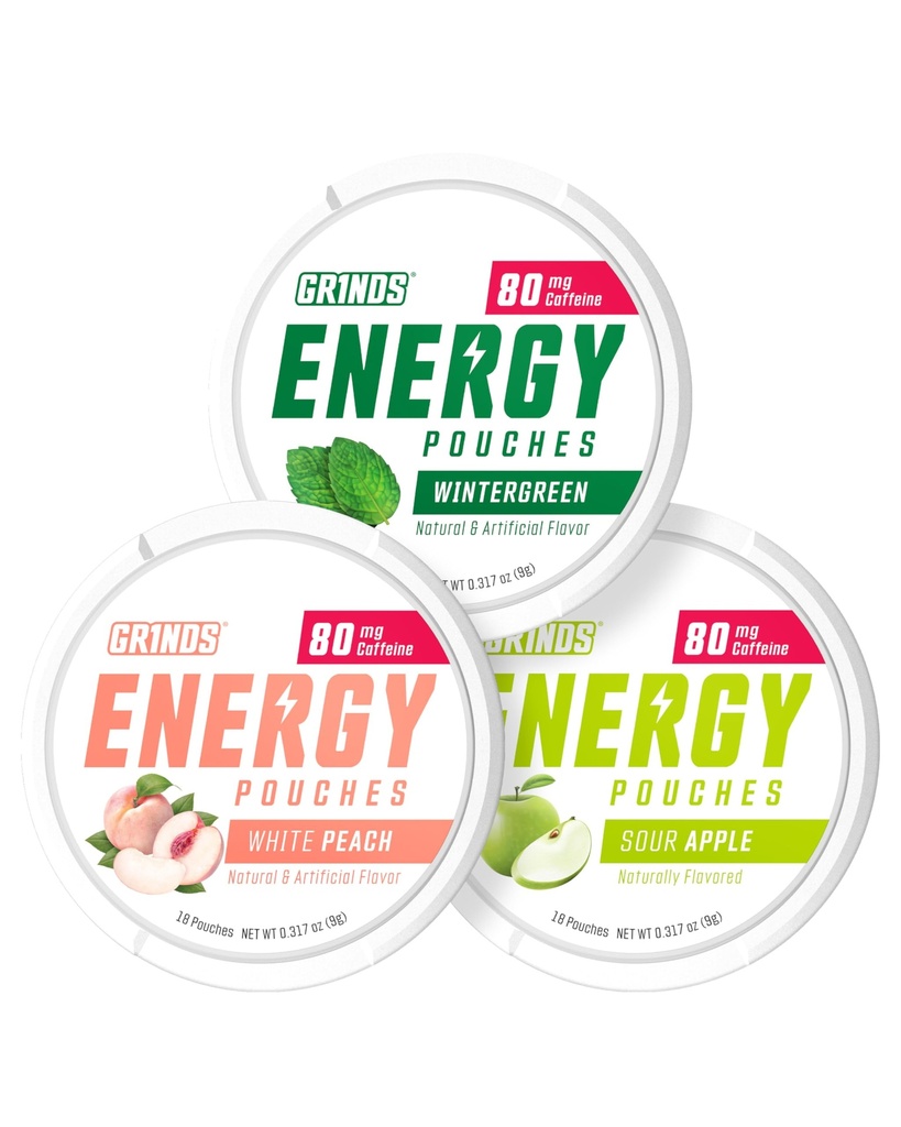 Pouches Energi Grinds - Natural Caffeine Pouches - Berisi B-Vitamin, Sugar- Free, & 0 Kalories - 80mg Caffeine di Setiap Pouch - Wintergreen, Peach, & Sour Apple - 15 Pouches Per Can