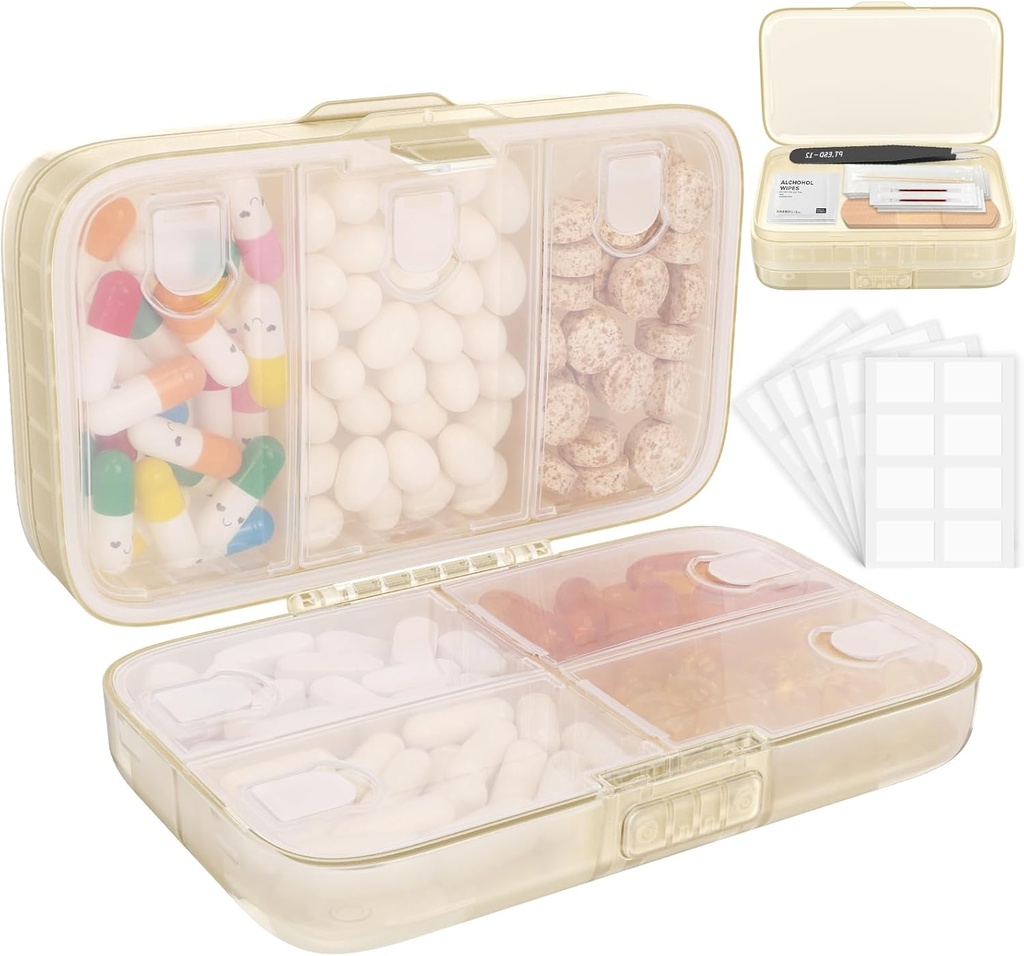 FYY Weekly Pill Organizer dengan Label, 8 Comments Travel Daily Pill Case Airtight Moistureproof Kotak Pil Besar untuk menahan Vitamin, Minyak Ikan, Suplemen, Cotton Swab dan Bandagage