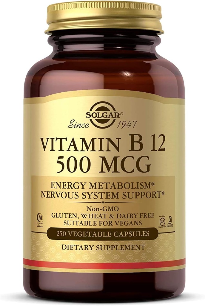 Solgar Vitamin B12 500 mcg, 250 Vegetable Capsules - Energy Metabolism - Dukungan Sistem Gugup - Promotes Heart Health - Non-GMO, Vegan, Gluten Free, Dairy Free, Kosher, Halal - 250 Servis