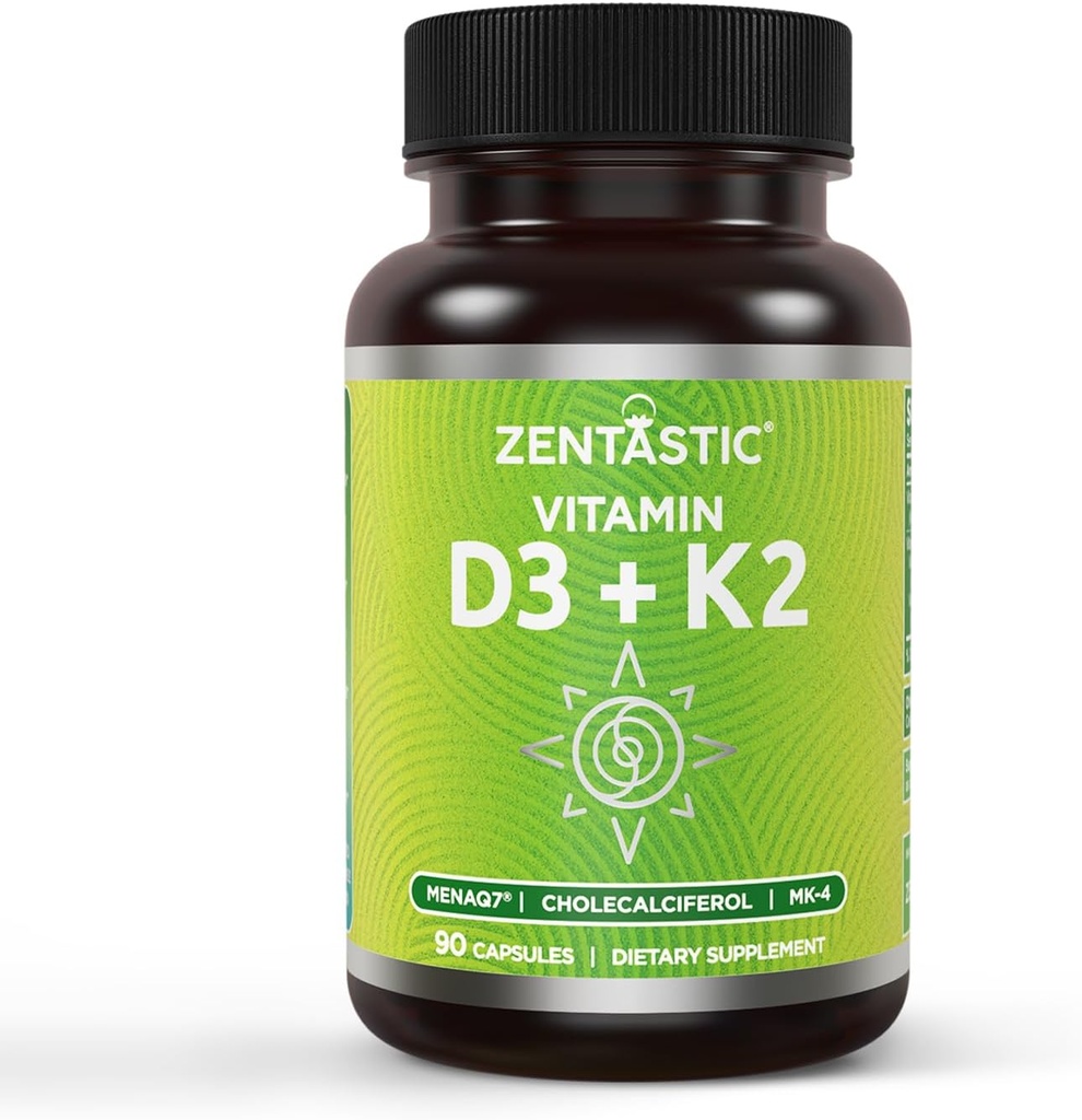 Zentastic Vitamin D3 K2, 5000IU & 200mcg, Vitamin D & Patented MK7 & MK4 untuk 3-in- 1 Dukung - Vegetarian, Non-GMO, 90 Caps