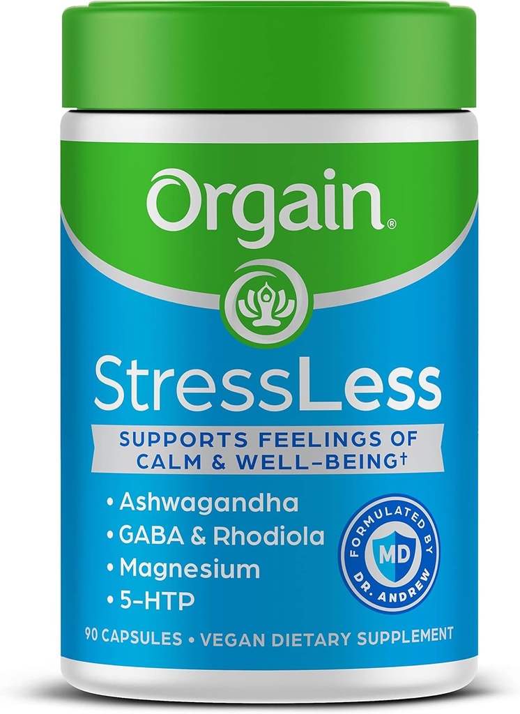 Orgain Stressless, Vegan Stress Relief Suplement - Blend of Magnesium, Lemon Balm, GABA, 5 HTP, Rhodiola Rosea, Ashwagandha dan Chamomile, Gluten Free, Doctor Formulated - 90 Count, 30 Day Supply