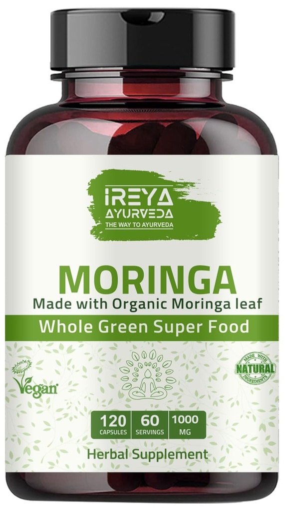 Moringa Capsule 1000 mg (120 Kapsules), Moringa Powder Capsules Dibuat dari Serat Moringa Leafa Leafer 124; None-GMO Seluruh Nutrisi Super Hijau 60 Hari Suppply