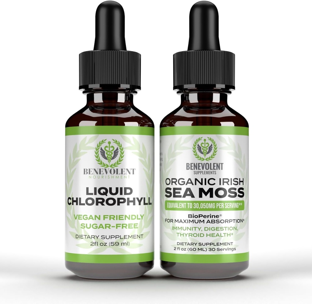 Benevolent Chlorofil Liquid Drops + Irish Sea Moss Drops 2oz, 4 Bulan Supply Liquid Chlorofil Tambahan untuk Internal Deodorizer & Radiant Skin