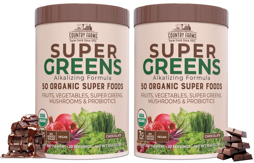 COUNTRY FARMS Super Greens Chocolate Flavor, 50 Organic Super Foods, USDA Organic Drink Mix, Fruits, Vegetable, Super Greens, Mushrooms & Progories, Support Energy, 40 Servis, 10,6 Oz, 2 Pack