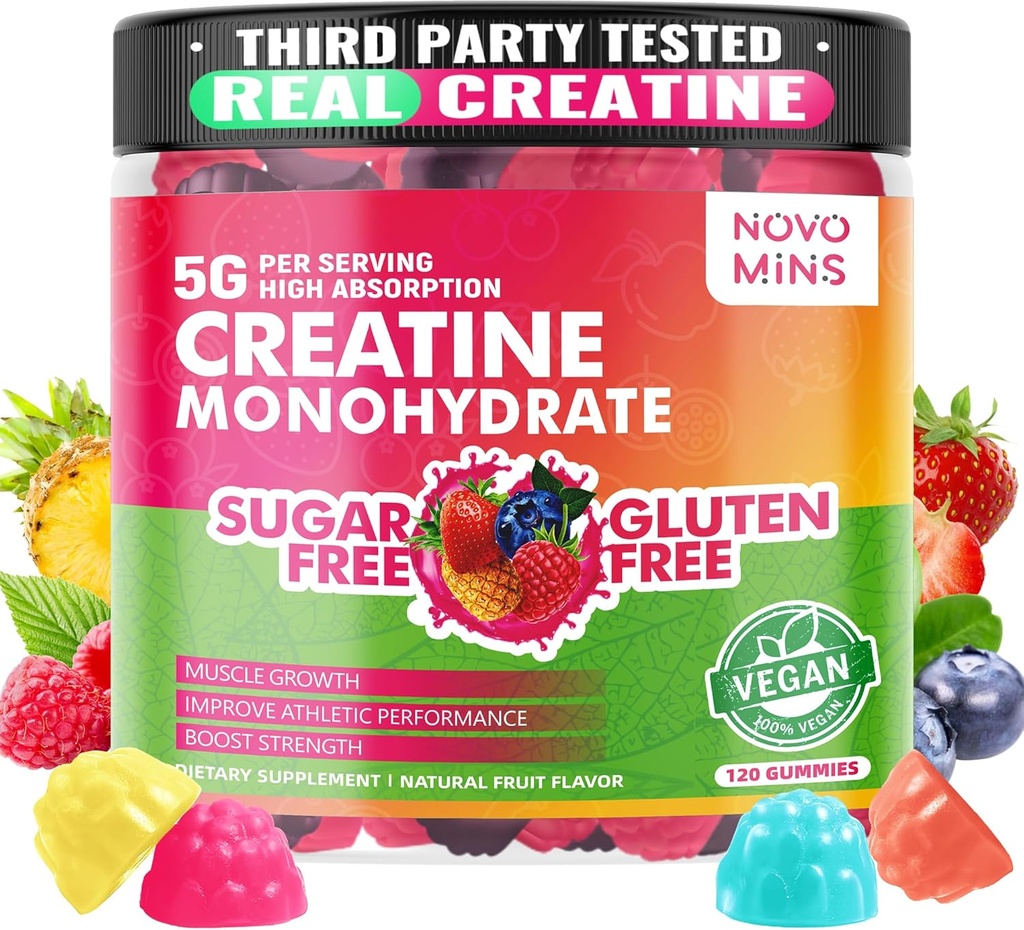 novine Creatine Monohydrate Gummies 5000mg for Men & Women, Chewables Creatine Monohydrate for Muscle Strength, Muscle Builder, Energy Boost, Pre- Workout Supplemen (120 Count)