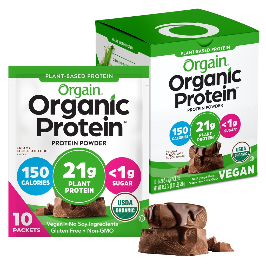 Orgain Vegan Powder Organik, Creamy Chocolate Fudge - 21g Plant Protein, 6g Prebiotic Fiber, Low Carb, No Laktosa Ingrediens, No Ditambahkan Sugar, Non-GMO, For Shakes & Smoothies, 10 Travel Packs