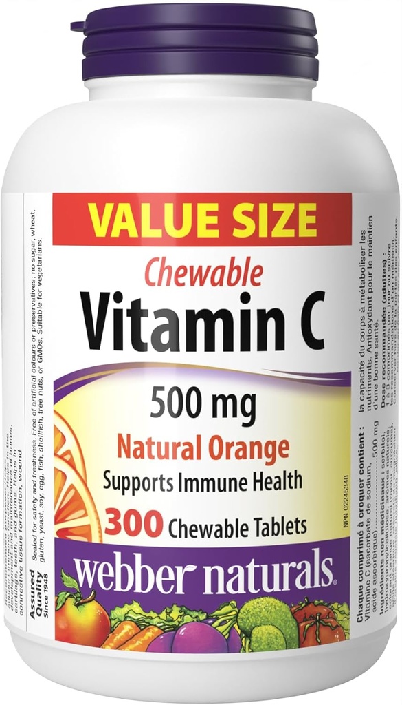Webber Vitamin C, 300 Talet Orange Chewable, 500 mg dari Vitamin C Per Tablet, Bones, Teeth, Imune dan Antioksidant Dukungan