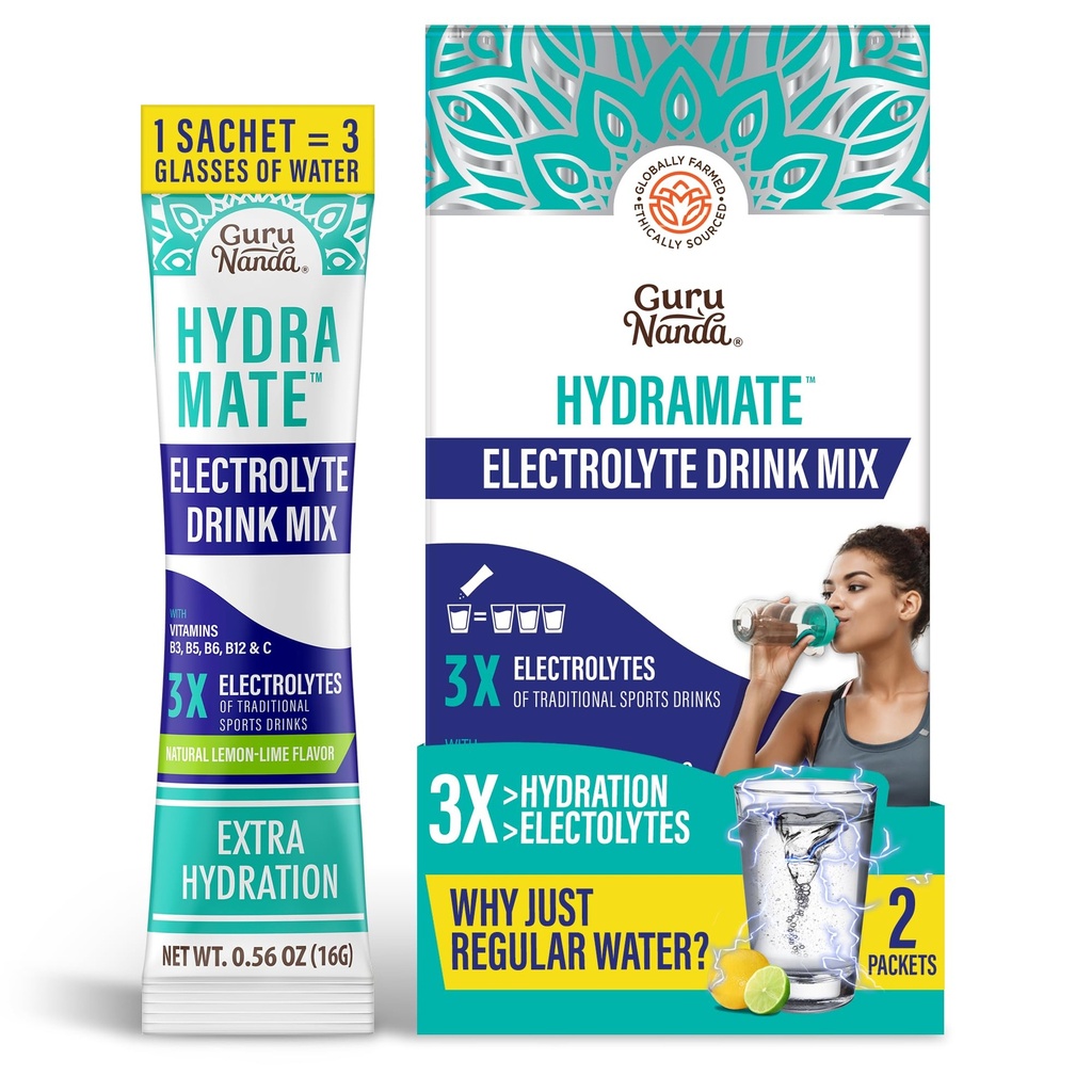 GuruNanda Hidramate Hydration Dukungan Minum Mix - Electrolite Powder untuk Dehydration, Exercise & Energy - No Added Sweeteners, Non- GMO, Natural Lemon Lime Flavor - 2 Count (0.56 oz Masing-masing)