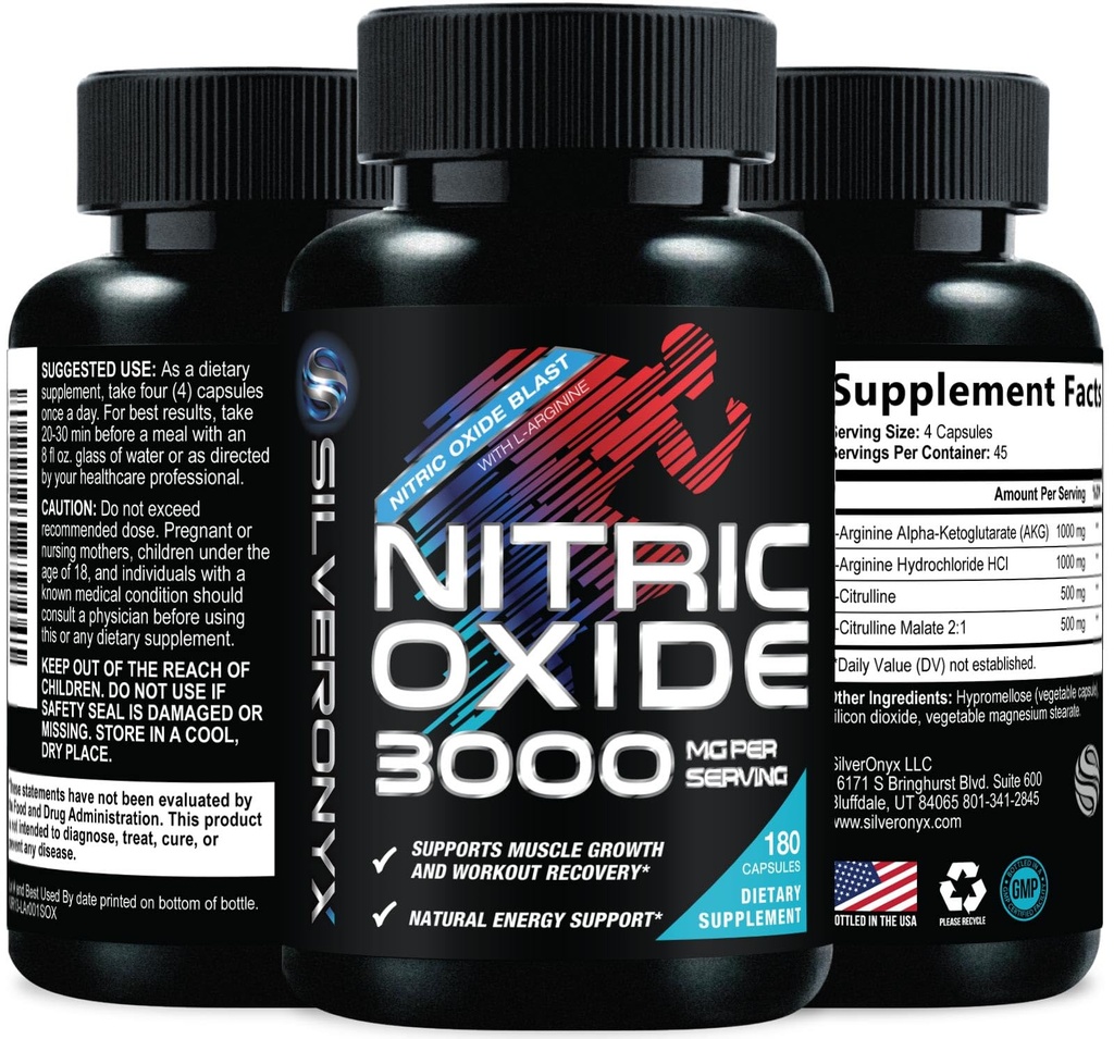 Tambahan Tenaga Nitric Oxide 3X Kekuatan L Arginine, Citrulline Malate, AAKG, Beta Alanine - Premium Otot Pendukung Nitric Booster - Natural Energy & Heart Health Support - 180 Capsules