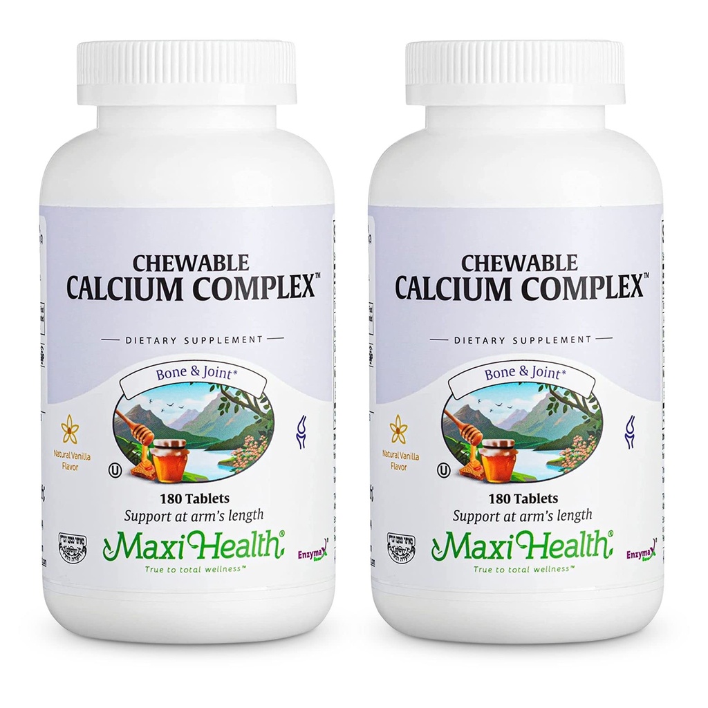 Maxi Health Calcium Complex - Vanilla Flavor Vitamin D3 dan Magnesium Chewables untuk Bantuan Tulang - Kosher Magnesium dan Kalsium Suplemen Perempuan dan Pria (180 Cacah, Paket 2)