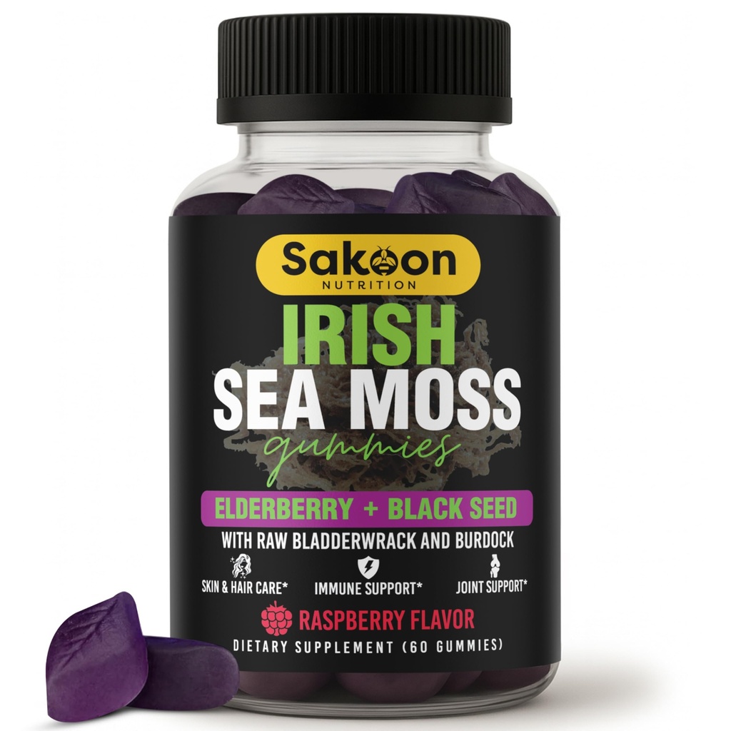 Irish Sea Moss Gummies dengan Elderberry & Black Seed Oil - Overall Wellness Dukung 124; Rich in Vitamin, Raspberry Flavor 124; 60 Gummies