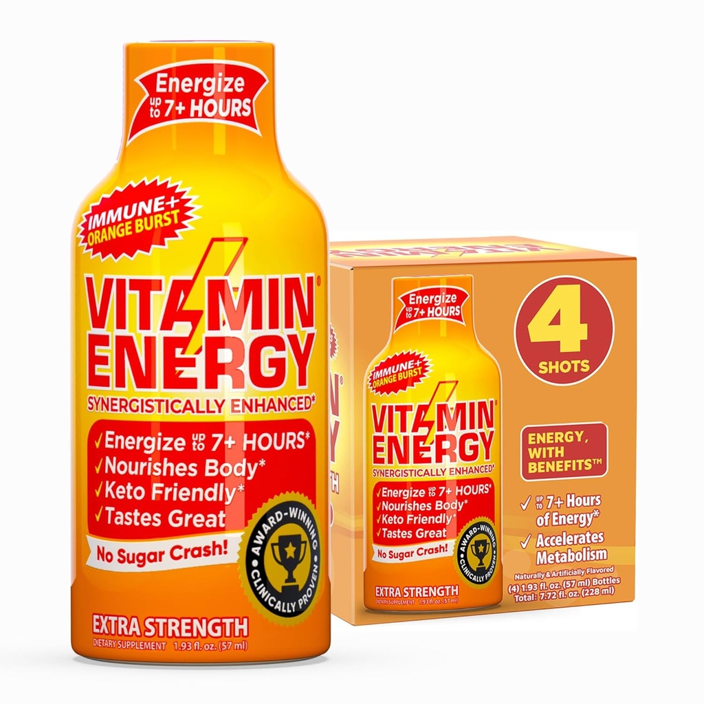 Vitamin Energy Immune + Extra Energy Shot - Orange Burst - 100% DV B- Vitamin & 260mg Caffeine - Zero Calories, Sugar- Free, Vegan, - Imunity & Energy Dukungan - 1.93 lf oz, 4- Pack