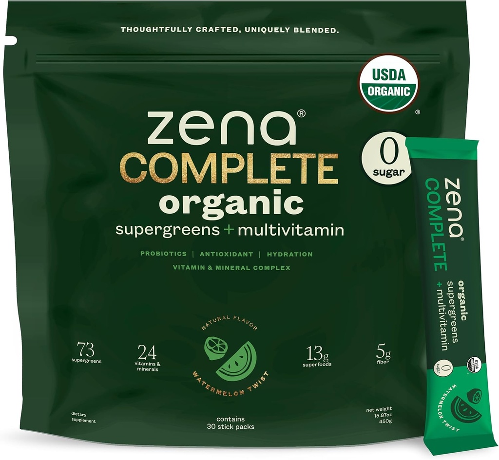 Zena Complete Organic Super Greens Powder & Multivitamin, 90 + Supergreens, Fruits, Veggies, 0 Sugar, 5G Fiber, Pre & Propines, Watermelon Citrus Flavor, 30 Paket