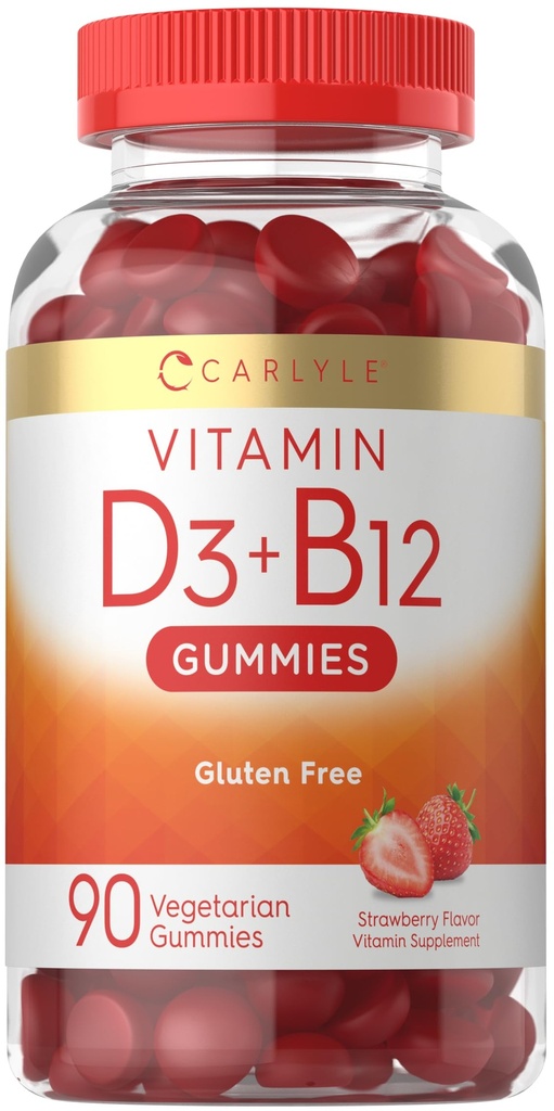Carlyle Vitamin D3 + B12 Kompleks Gummies 126; 90 Count 124; Vegetarian, Non-GMO, dan Gluten Free Formula 124; Strawberry Flavor Suplemen
