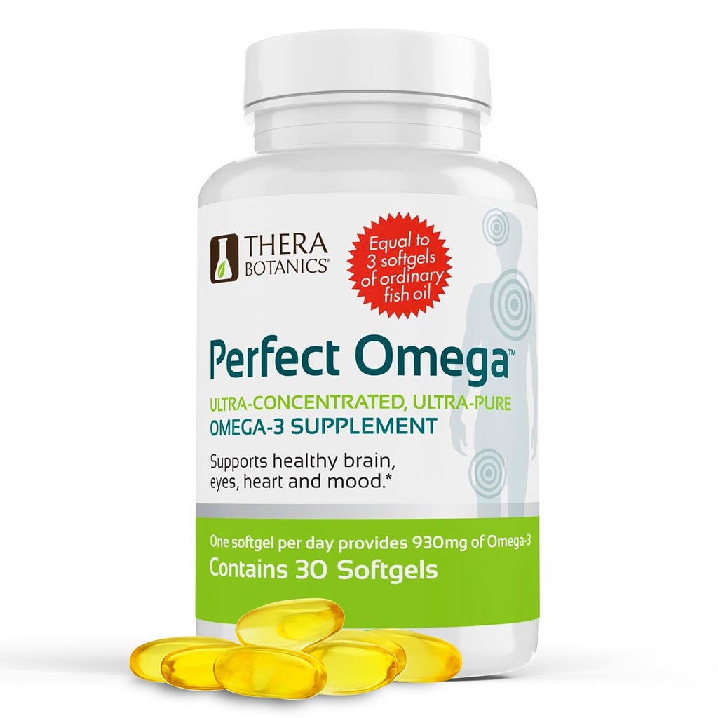Therabotanics Perfect Omega Fish Oil Suplement EPA & DHA - Asorpsi Tinggi, konsentrasi Omega 3 untuk Heart, Brain, Eye, & Metabolic Health - Softgels Ikan Alaska - 30 Count (Paket 1)