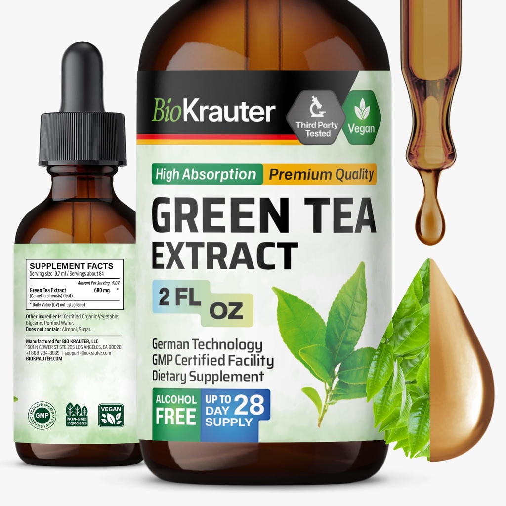 BIO KRAUTER Green Tea Extract Liquid Drops - Green Tea Suplemen - Sumber Antioksidant - Alkohol dan Gula Free - 2 Fl.Oz.