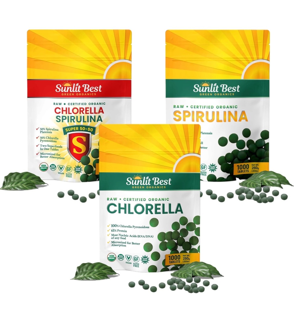Sunlit Best Ultimate Chlorella & Spirulina Bundle 124; Super Greens Suplemen Imune, Gut Health, Mood & Energy
