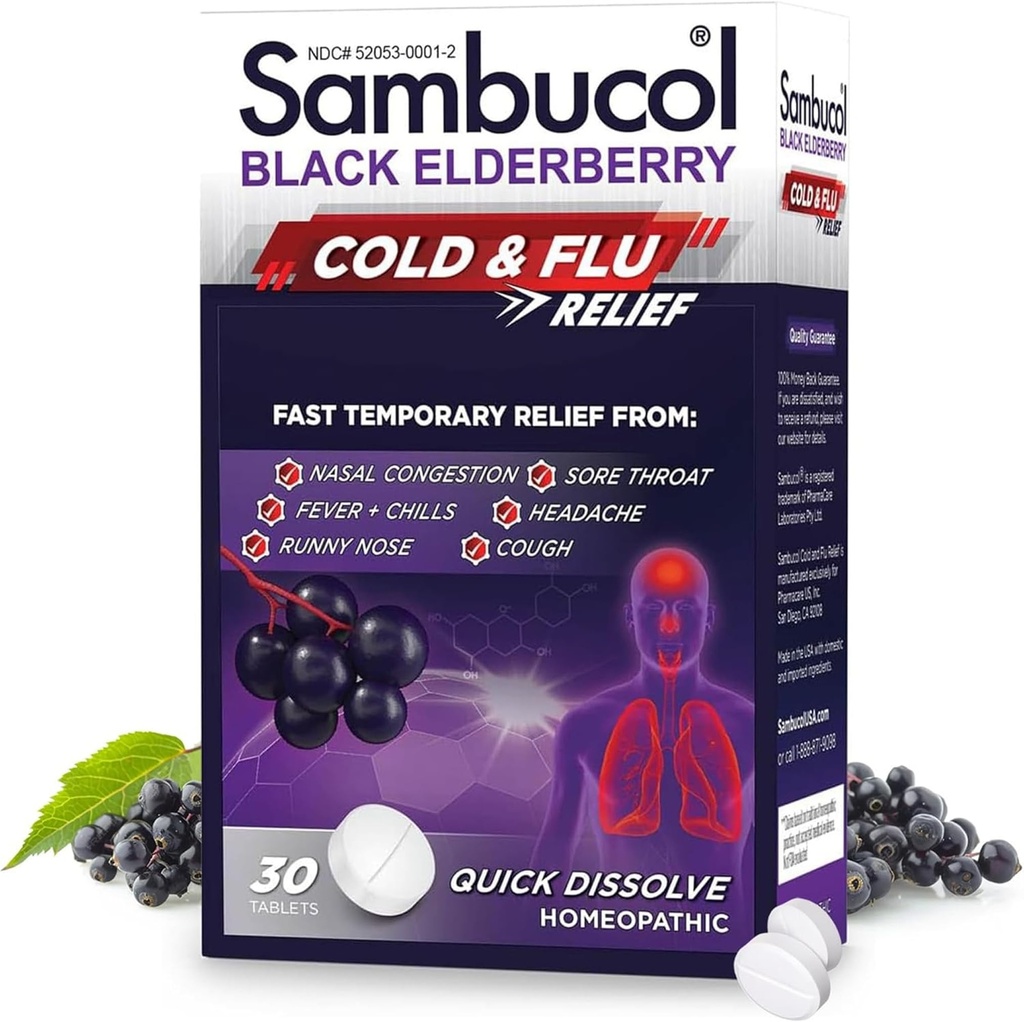 Sambucol Cold and Flu Relief Tablet - Homeopathic Cold Medicine, Remedy for Adults, Black Elderberry for Colds, Zinc Remedy - 30 Count