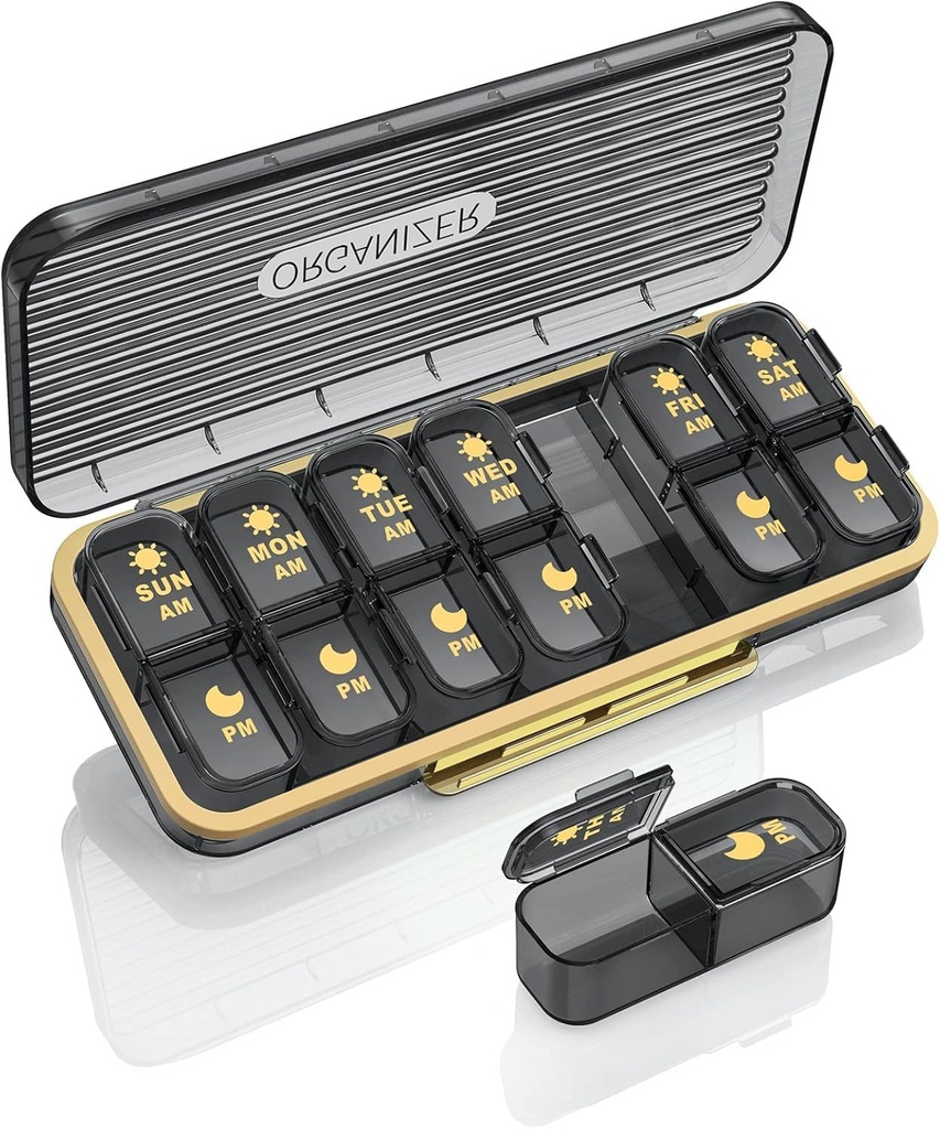Pill Organizer 2 kali sehari, 7 Hari Am Pm Pill Box - Acedada Weekly Pill Organizer Dua kali sehari, Portable Removable Daily Medical Container Case for Vitamin Fish Oil Suplemen, Black Grey