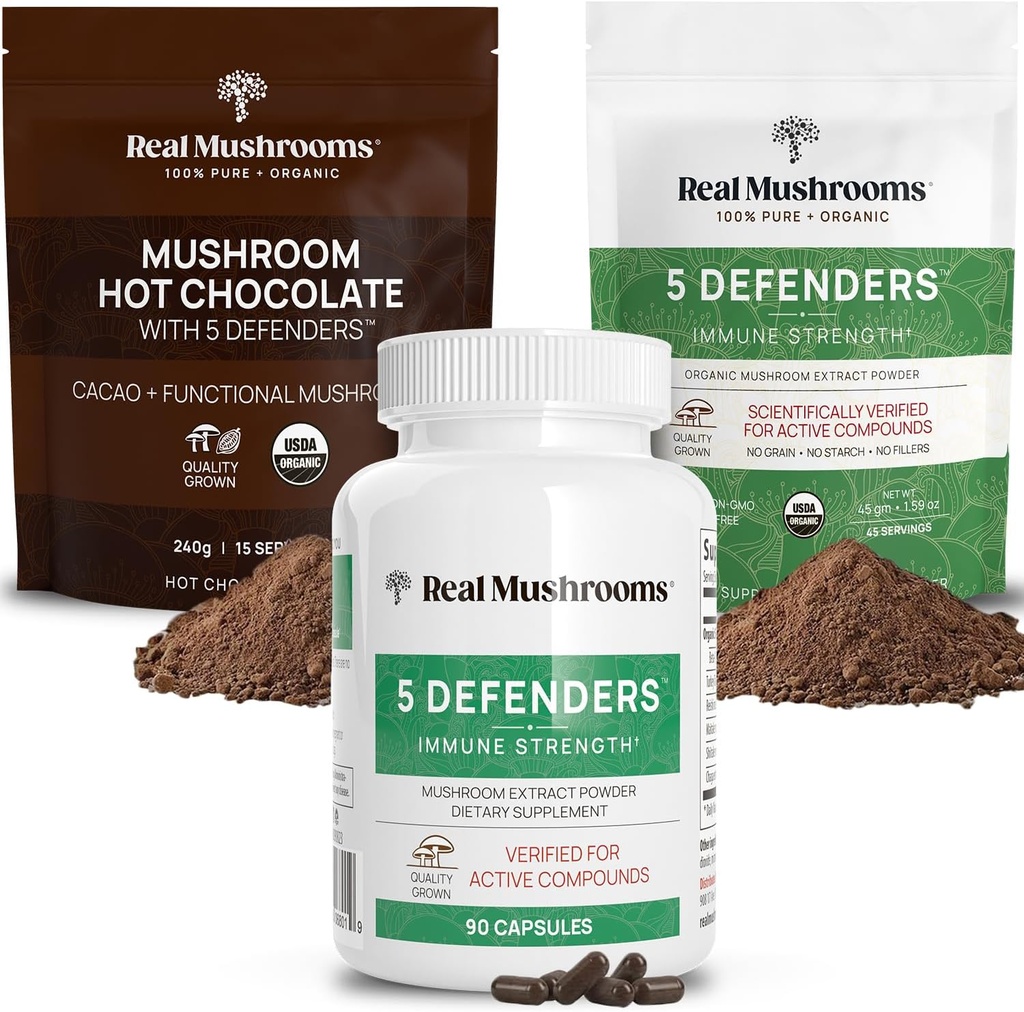 Mushroom Real Chocolate Mix (15srv), 5 Defeners Extract Powder (45srv), & 5 Suplemen Pembela (90ct) Bundle untuk Mendukung Keimpanan & Overall Wellssing - Gluten- Bebas, Non-GMO, Vegan