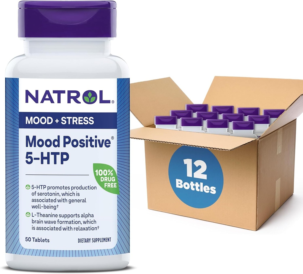 Natrol Mood Positive 5- HTP 50mg dengan L- Theanine, Vitamin B6, Vitamin B12 dan Falate, Tambahan Dietary Membantu Dukungan Mood Positif, 50 Tablet, 25-50 Hari Suppply (Paket 12)