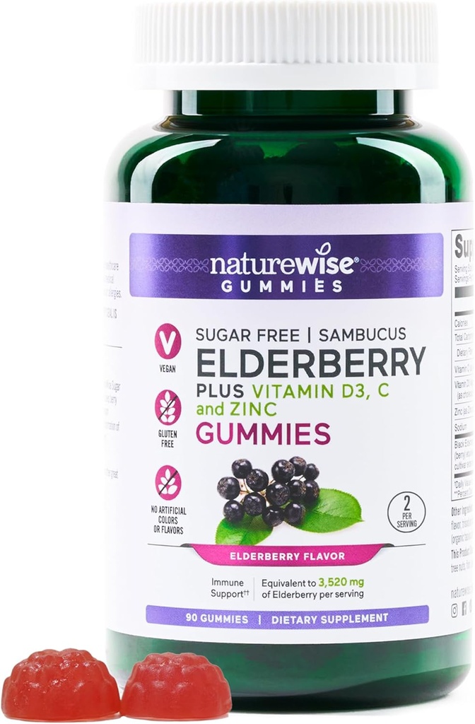 NaturreWise Sambucus Elderberry Gummies - Sugar-Free - Daily Ammune Suplemen untuk Anak-anak dan Dewasa *, dengan Vitamin C, D3, Zinc - Vegan, Gluten Free, Non-GMO - 90 Count [Suppply Day]