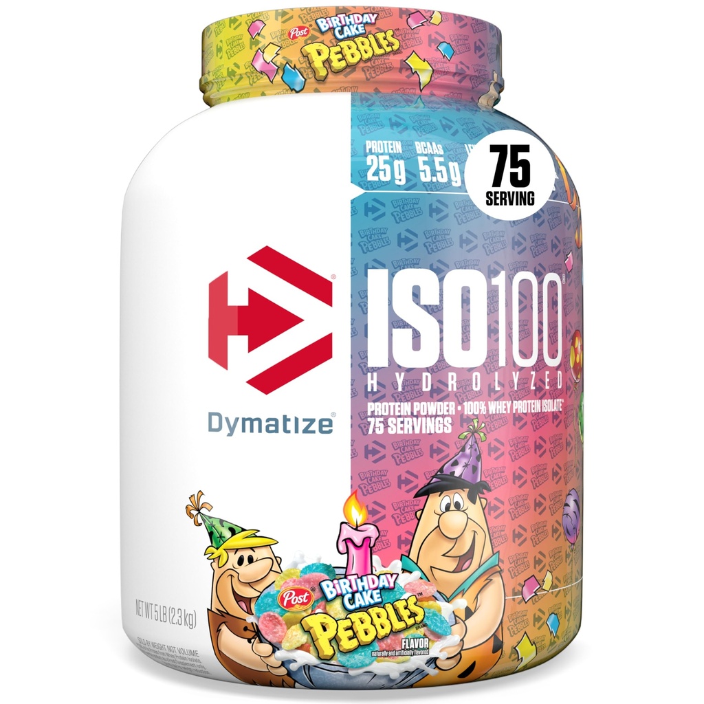 Dymatize ISO100 Whee Protein Powder Isolat, Kue Ulang Tahun, 25g Protein, 5 Pound, 5.5g BCAAs, Kurang dari 120 Cal., Gluten Bebas, 1g Fat, 1g Sugar, 2g Carb (75 Pelayan)