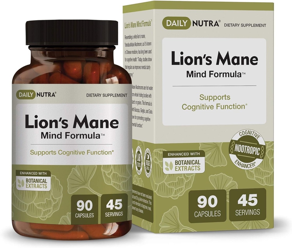 DailyNutra Lion 's Mind Formula - Nootropic Suplemen Untuk Kesehatan Otak Cognitive 124; Mushroom Organik Ekstrak dengan Bacopa, Gingko, dan Gota Kola (90 Capsules)