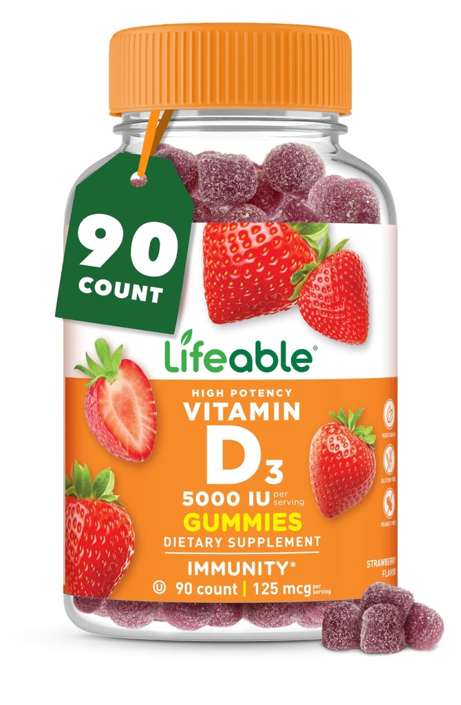 Vitamin D Gummi untuk Orang Dewasa; 5000 IU 124; Great Tasting D3 Vitamin 124; Imune Dukungan dan Sehat Bones Vitamin D Supplemen untuk Pria, Perempuan 124; 90 Gummies 126; Keselamatan