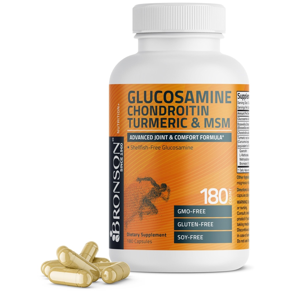 Bronson Glucosamin Chondroitin Turmeric & MSM Advanced Companded Formula, Supports Healthy Joints, Mobility & Cartilage - Non-GMO, 180 Capsules