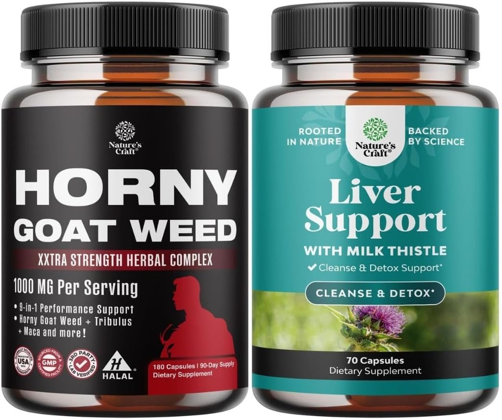 Bundle of Horny Goat For Men - Extra Power Male Supplement for Stamina & Energy and Liver Cleanse Detox & Repair - Silymarin Milk Thistle with Dandelion Root Beetroot Extract