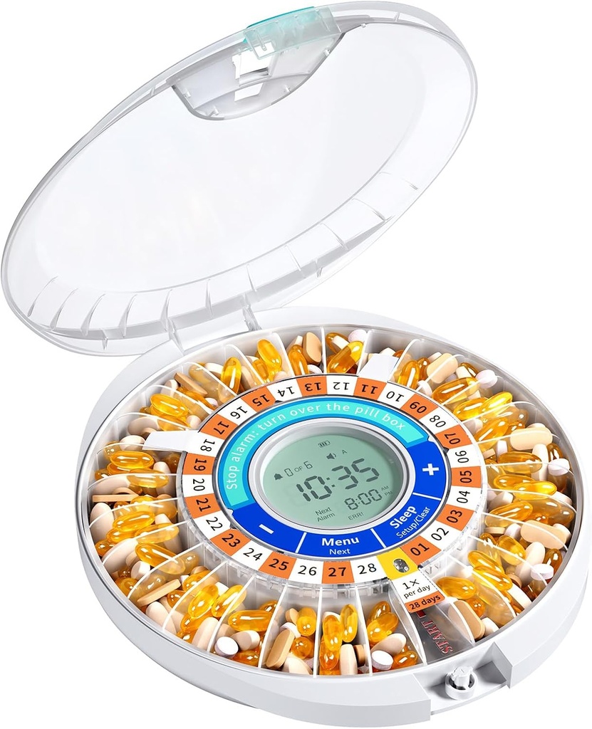 Daviky Otomatis Pill Dispenser untuk Yang Mulia dengan Alarm, 28-Day Elektronik Mengunci Kotak Pil, Suara & Light Pengingat untuk Pengobatan, Vitamin, dan Suplemen Orange