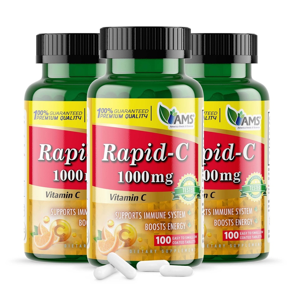Amerika Medic & Science Rapid-C 1000mg Vitamin C Tambahan (3 Paket 100 Tablet) Energi Booster, Dukungan Sistem Ammune Harian, Antioksidant 14; Vegan, Non- GMO Berlapisan Ascorbic Acid untuk Pria & Perempuan