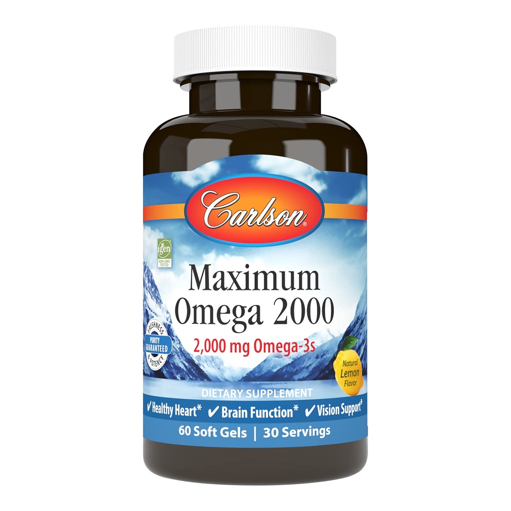 Carlson - Maksimum Omega 2000, 2000 mg Omega- 3 Fatty Acids Termasuk EPA dan DHA, Wild- Caught, Norwegia Suplemen Minyak Ikan, Disustable Sourtgels Ikan, Lemon, 60 Softgel