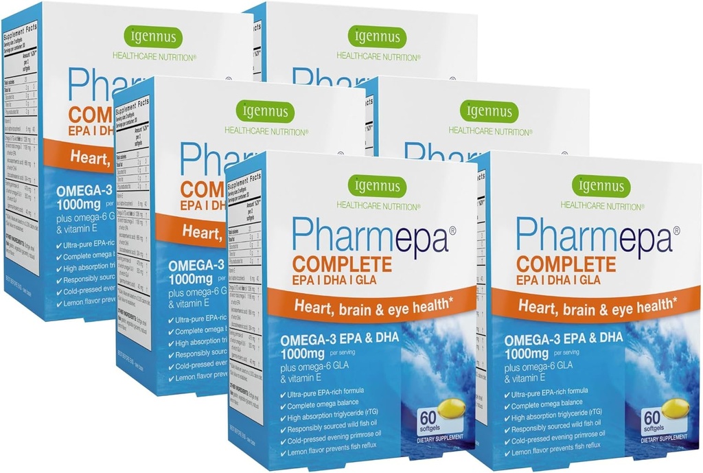 Igennus Pharmepa Complete EPA 668mg & DHA 334mg Omega-3 Acids Gendut, IFOS Sertifikasi, RTG Form, Potency Fish Oil Plus Omega- 6 & 9 dari GLA Evening Primrose Oil, Lemon Flavor, 360 Softgels
