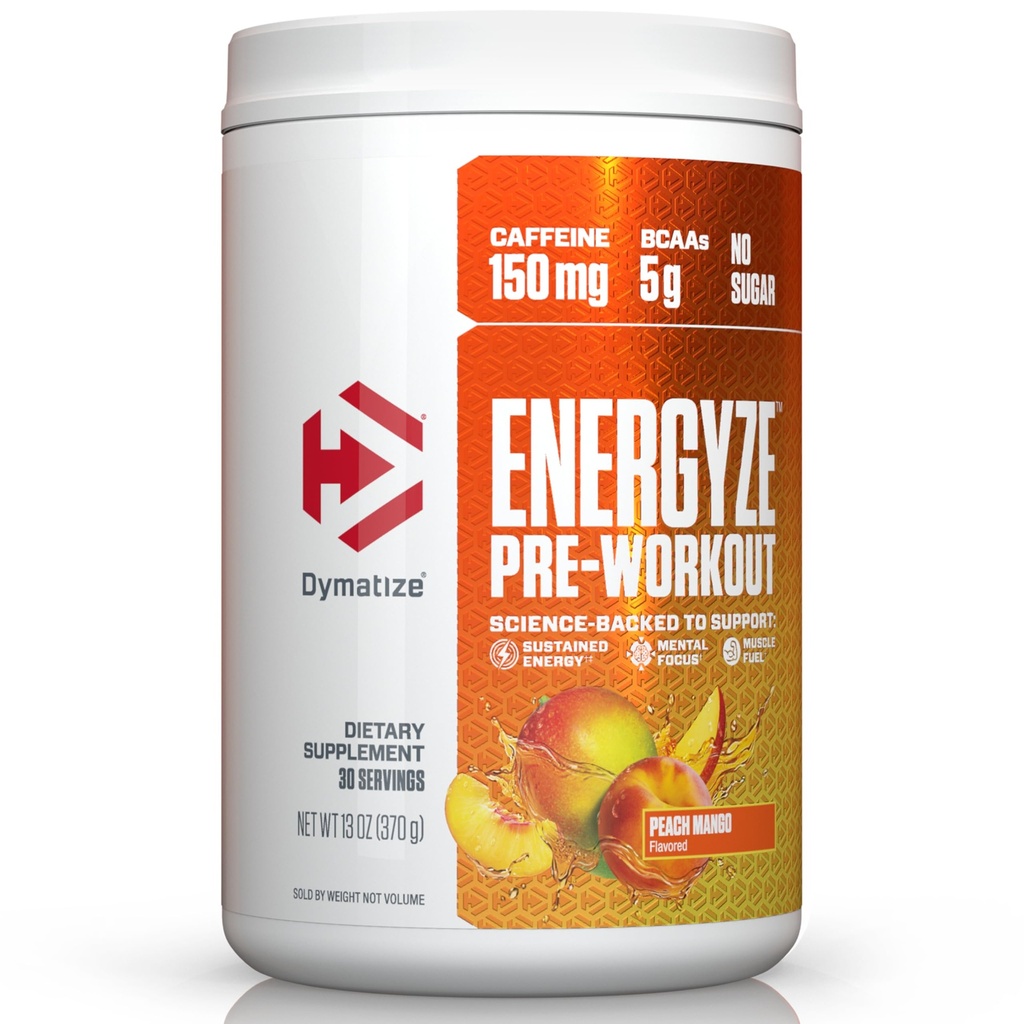 dymatize Energyze Pre Workout Powder for Men and Women, Peach Mangga, 150mg Caffeine, 5g BCAAs, Performance Blend of L- Theanine, L-Tyrosine, L- Citrulline, No Sugar (30 Servis)