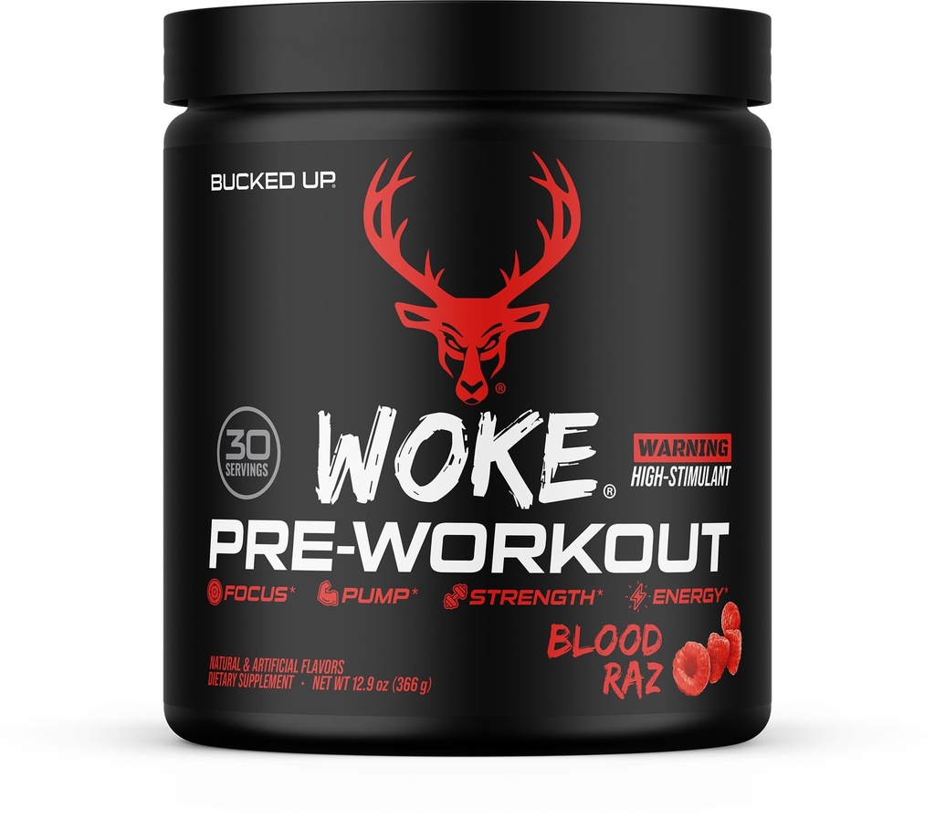 Bucked Up - Woke - HIGH STIM Pre Workout - Best Tasting - Focus Nootropic, Pompa, Kekuatan dan Pertumbuhan, 30 Pelayan (Blood Raz)