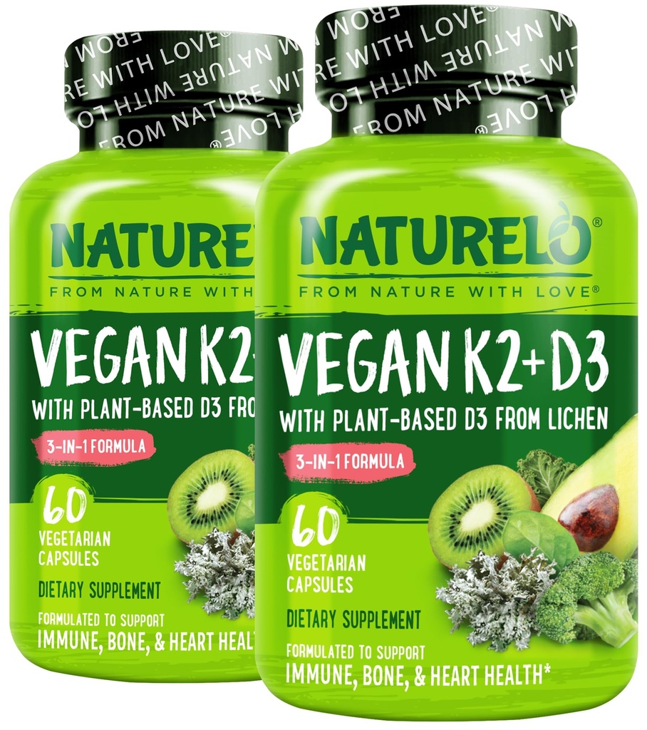 NATURELO Vitamin D3 K2 - Vegan K2 + D3 dengan Tanaman Berdasarkan D3 - D3 Natural Suplemen untuk Sistem Imune, Dukungan Tulang, Kesehatan Jantung - Seluruh Makanan - None-GMO - Gluten Bebas, 60 Capsules (Paket 2)
