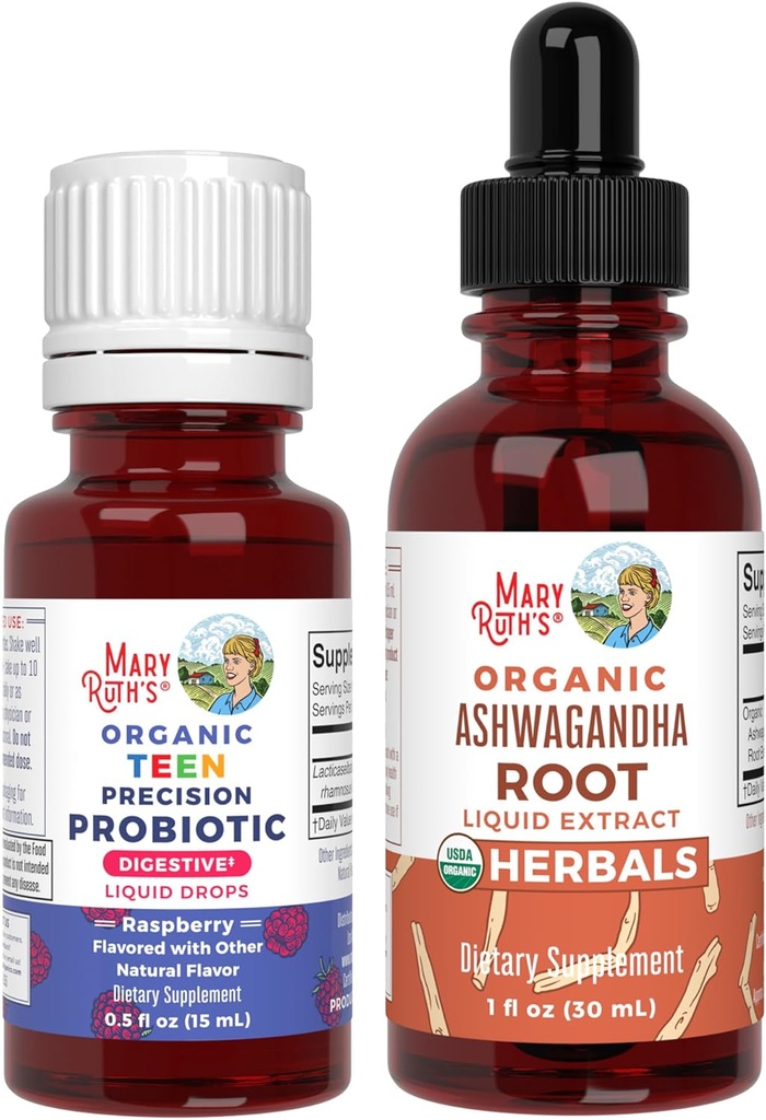MaryRuth Organics Precision Probiotic Drops for Teens (Raspberry) & Ashwagandha Drops 12.4; USDA Organik 124; Vitamin for Gut Health, Relaxation, & Overall Wellness 124; Vegan, Non-GMO, Gluten Free