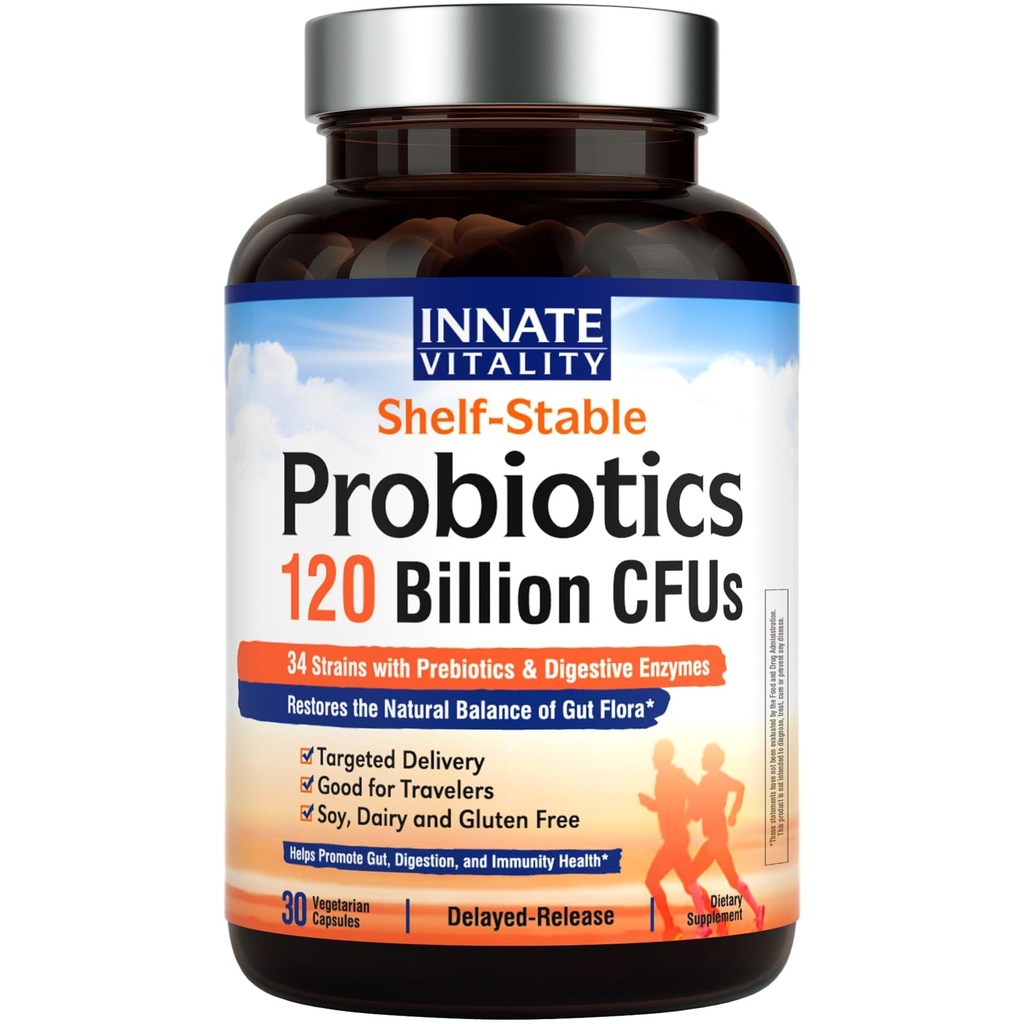 Innate Vitality Progories 120 Billion CFUs for Men & Women, 34 Strains with Pregnance & Digetical Enzymes, Immune & Digetical Health, Delayed Rilis, Shelf Stable, 30 Vegan Capsules