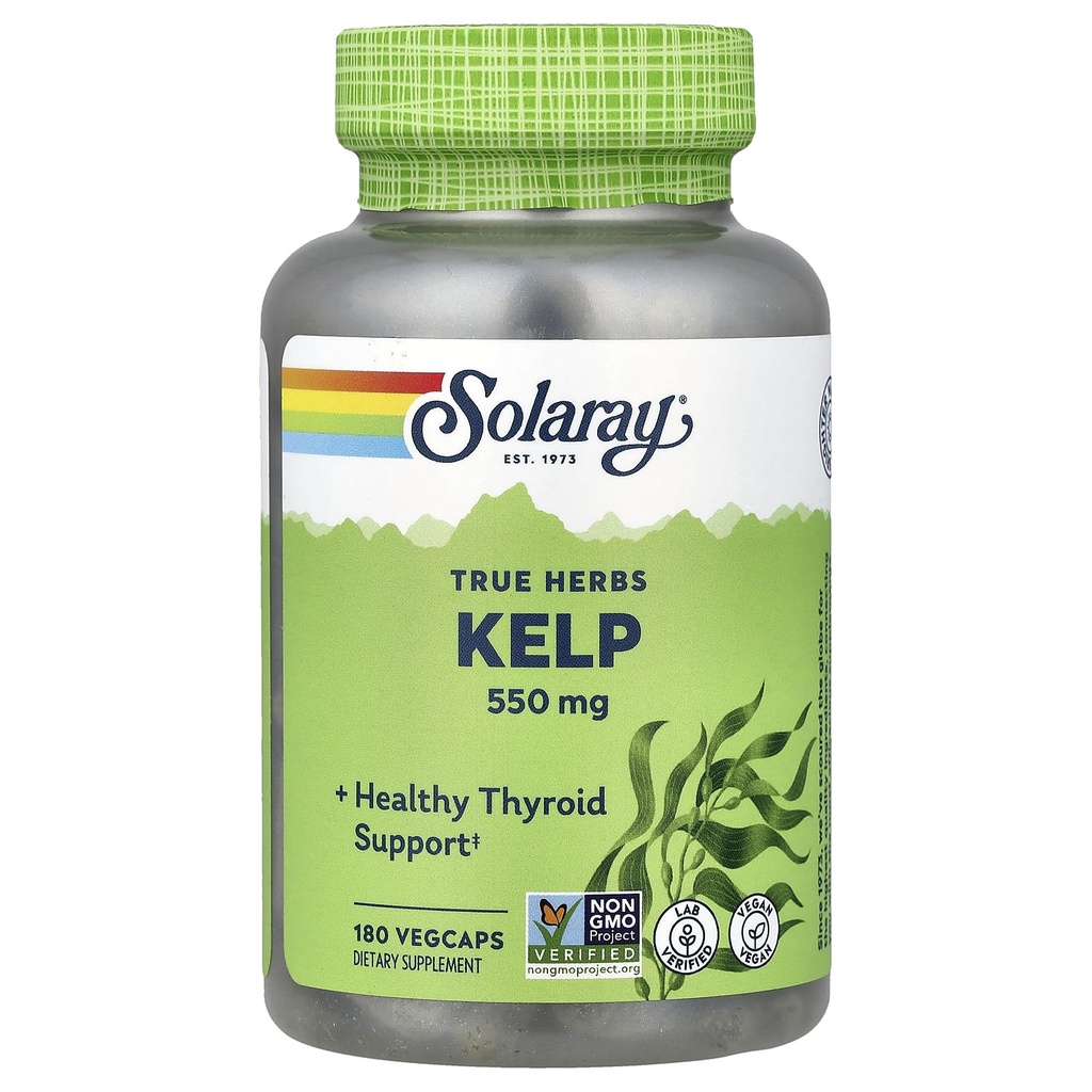 Solaray Kelp 550 mg with Folic Acid for Healthy Thyroid Fungsi, Energi & Metabolism Dukung 126; Non-GMO 124; 180 VexCaps