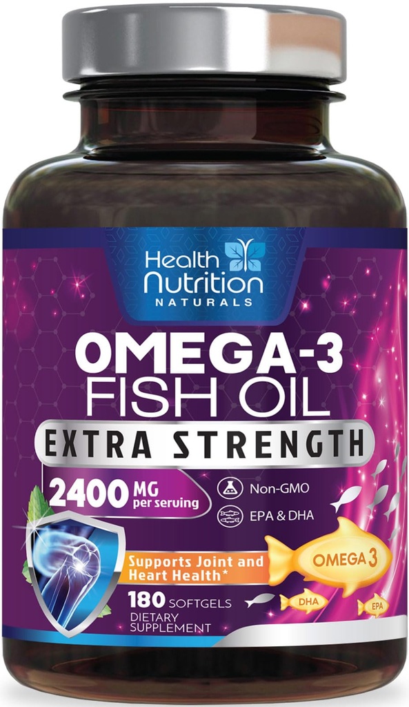 Omega 3 Fish Oil 2400 mg - Triple Power Omega3, EPA & DHA Fatty Acids Suplement - Dukungan Alam untuk Imune, Heart & Brain Health - Wild Caught, Non- GMO, Lemon Flavor, Burpless - 180 Softgeels