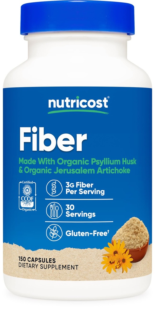 Nutricost Fiber Capsules dengan Prebiotic Fiber Suplement 150 Capsules - CCOF Sertifikasi Suplemen, dibuat dengan Organik Psyllium Husk & Organik Yerusalem Artichoke, Gluten Bebas, 3 G per Serving