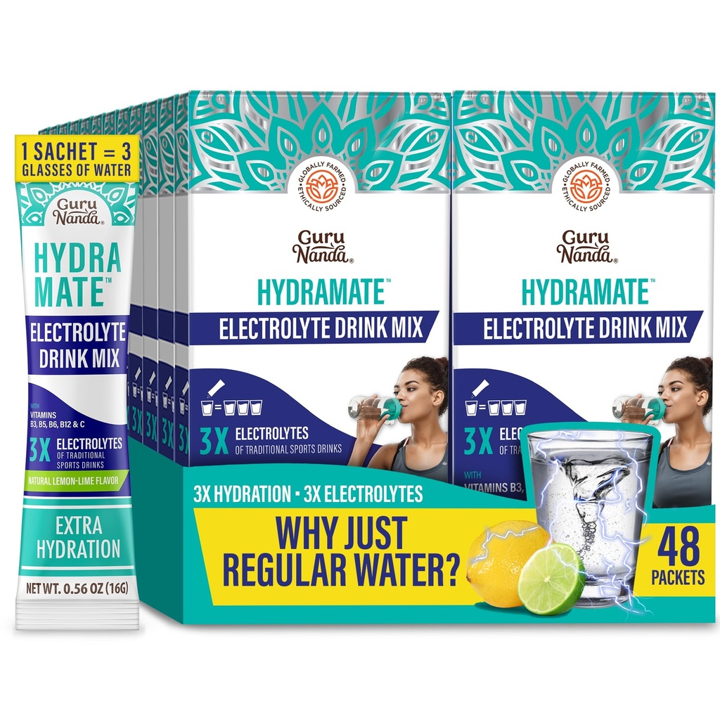 GuruNanda Hydramate Hydration Dukungan Minum Mix - Electrolite Powder untuk Dehydration, Exercise & Energy - No Added Sweeteners, Non- GMO, Natural Lemon Lime Flavor - 48 Count (0.56 oz Masing-masing)