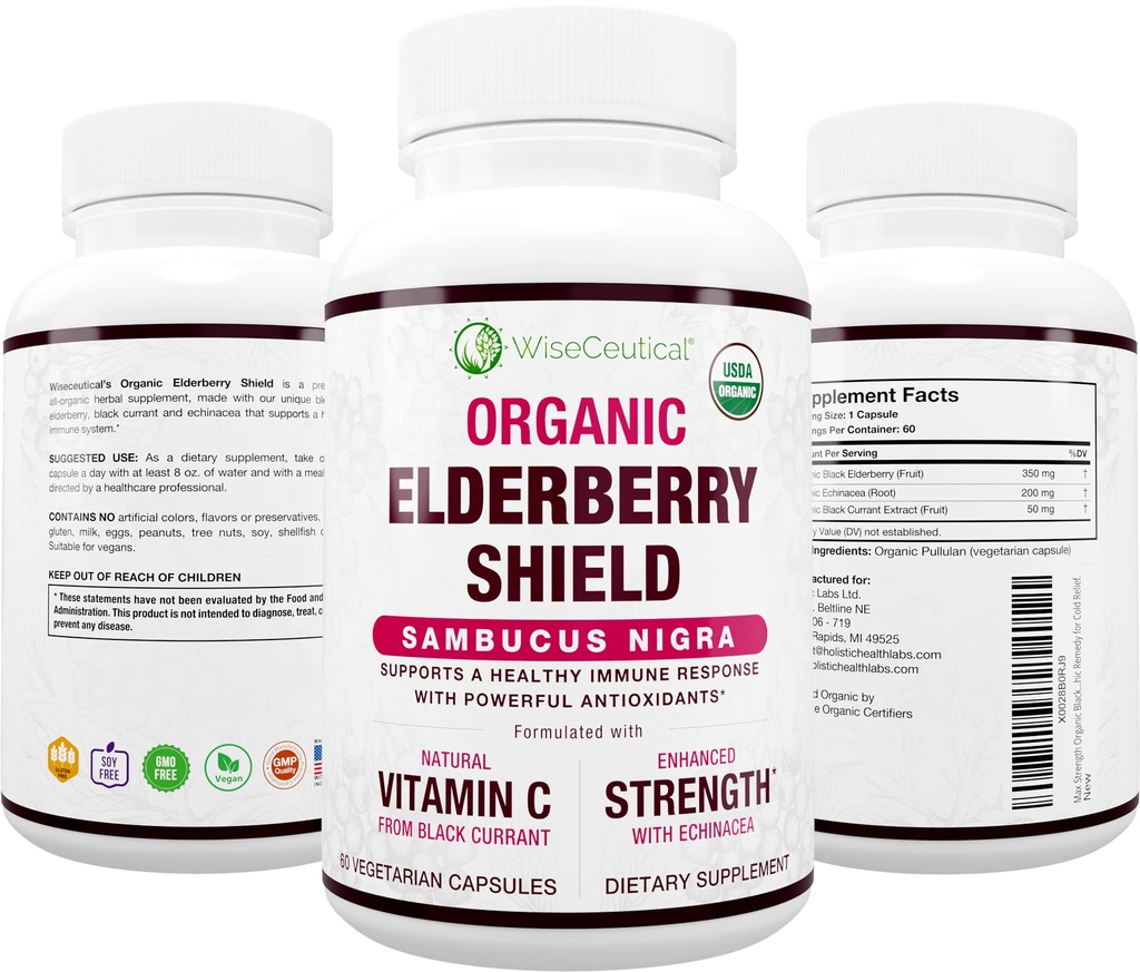 Max Power USDA Organic Black Elderberry, Black Currant Extract & Echinacea 124; 3 dalam 1 dukungan Ammune Natural & Vitamin C 124- Bebas, Vegan-Friendly 124; Remedy Relopate 124; 60 Count