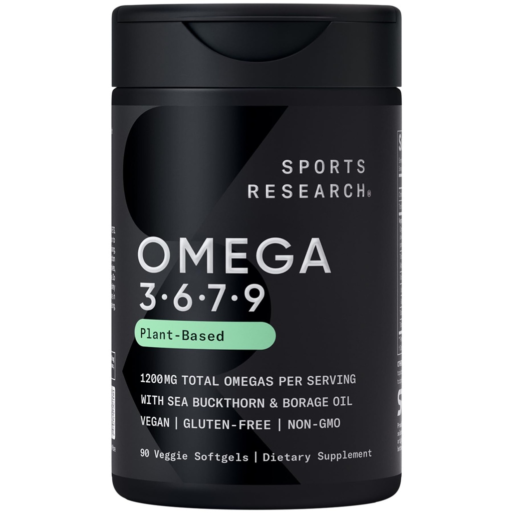 Penelitian Olahraga ® Vegan Omega 3-6-7-9 - 1200 mg dari Multi- Spectrum Omega Fatty Acids Disertifikasi Non-GMO Formula dengan Sea Buckthorn & Borage Oil - 90 Veggie Softgels