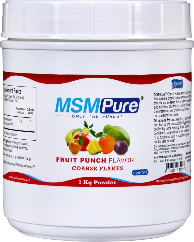 KALA HEALTH MSMPure Fruit Flavored Coass MSM Powder Flakes - US- Made MSM for Joint Health, Skin Appecture, and Hair & Nail Dupport - 2.2 Ibs, Organic Sulfur