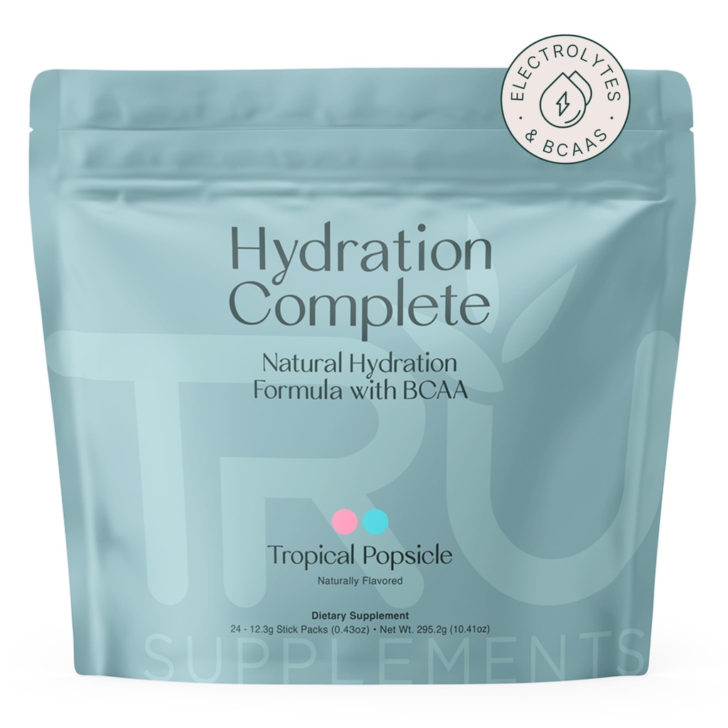 Suplemen TRU Hidration Complete BCAA, Tanaman Berdasarkan Acids Amino + Pink Himalaya Salt, Electrolytes & L- Carnitine, Vegan, Kalori Nol, tidak ada pemanis Buatan, 24 Servis Tropical Popsicle